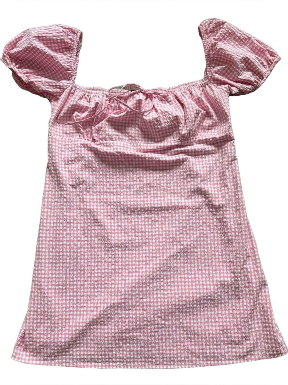 ZARA Pink White Gingham Mini Dress XXL Puff Sleeve Smocked Seersucker Milkmaid